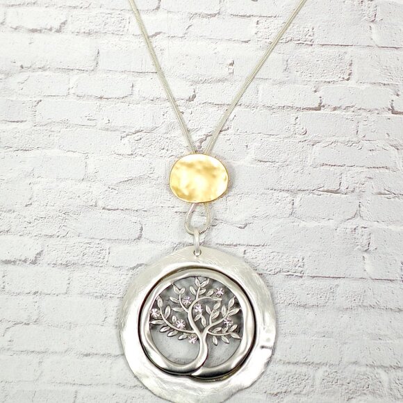 Tree of life large round pendant necklace with carved tree leaves center 2.65" - Picture 12 of 13